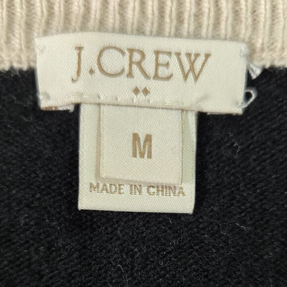 J. Crew Wool Blend Tan Black Elbow Patch Side Buttons Crew Neck Sweater Preppy - Picture 8 of 10